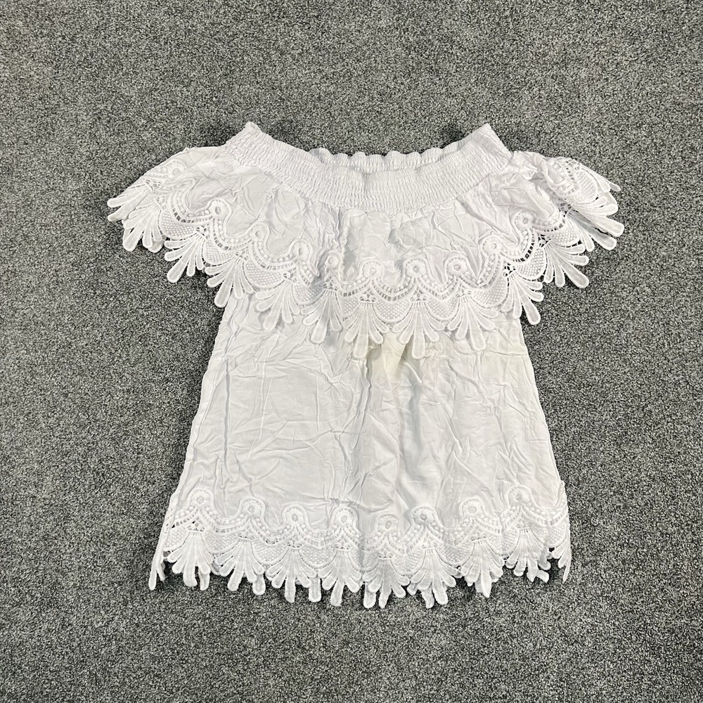 Vivid Womens White Lace Crochet Off Shoulder Peasant Blouse Top 5174 Small NWT